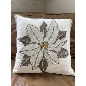 Pier‎ 1 Throw Pillow Ivory Gold Velvet Beaded Poinsettia Holiday Winter Decor